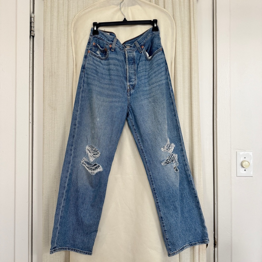 Levi's Ribcage Ripped Ankle Straight Leg Blue Jeans Size 28
